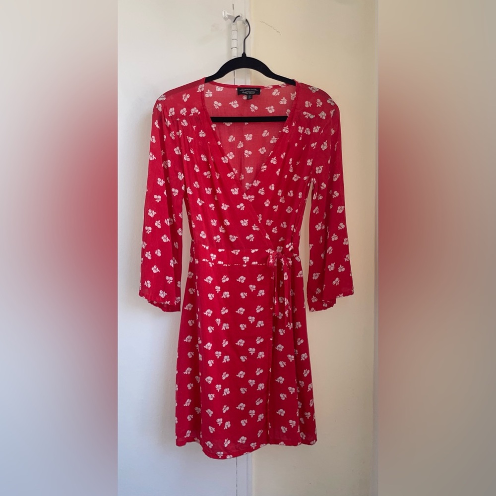 & Other Stories Red & White Cherry Print Wrap Mini Dress Flared Sleeves Size 4